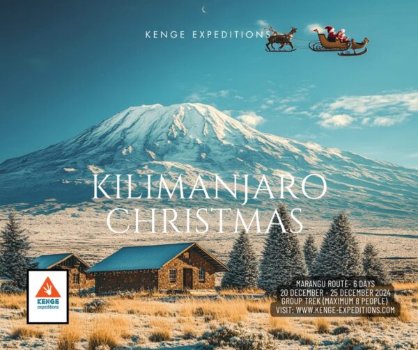 Christmas Kilimanjaro Mountain. Father christmas lying on sleigh pulled by reindeers