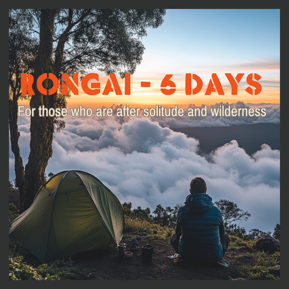 a man sitting next to a tent on top of a mountain