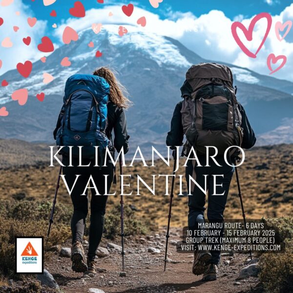 A romantic view of Mount Kilimanjaro, adorned with hearts for Valentine's Day, showcasing love in a breathtaking landscape.